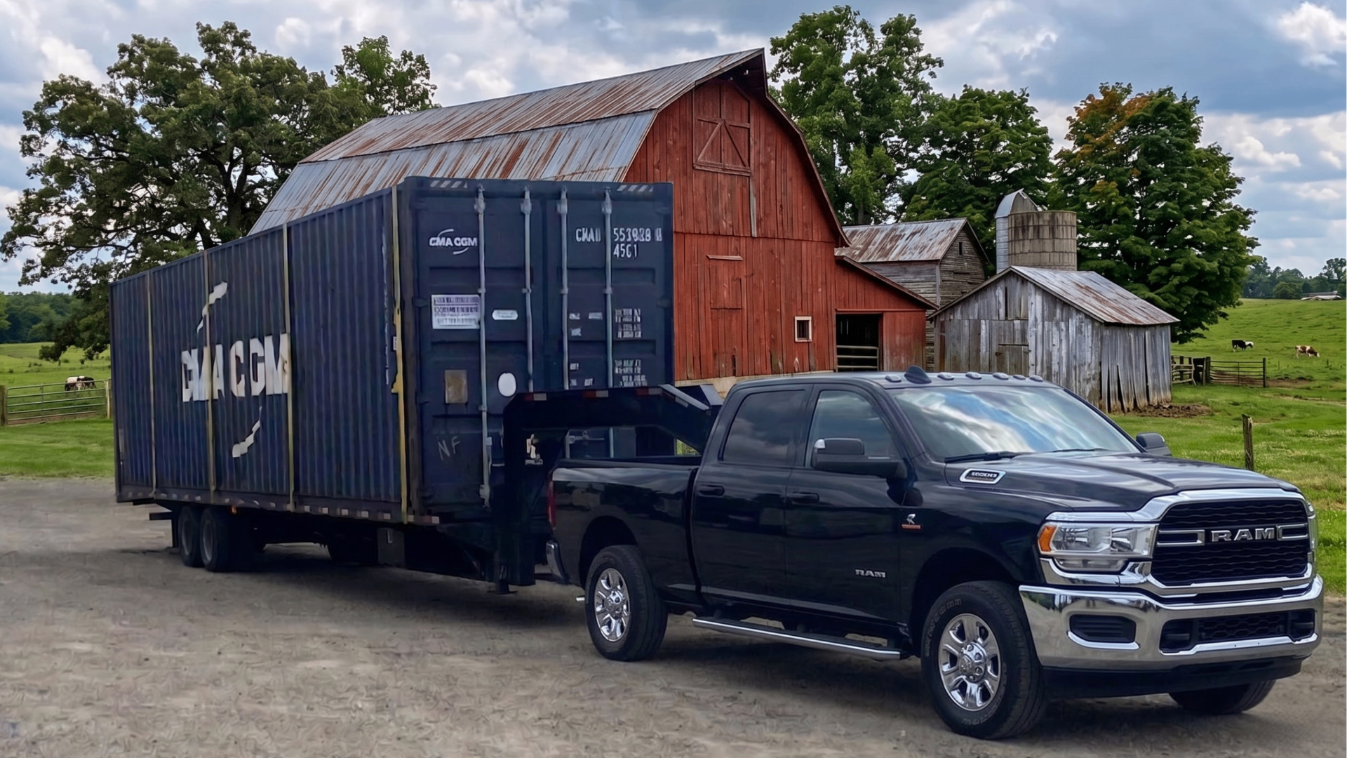 Tilt-bed truck delivering a shipping container to a Tennessee residential jobsite